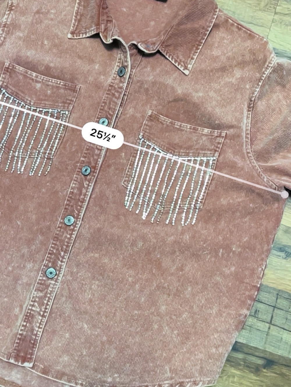 Women’s Pink Corduroy Shacket with Rhinestone Fringe Pocket Detail L - Picture 5 of 8